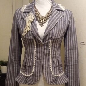 Lace-Trim Striped Women's Blazer Jacket - Gray
